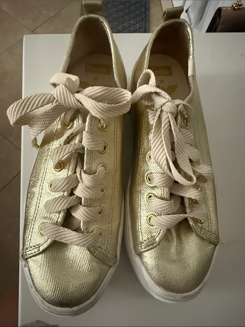 Keds Metallic Gold Low-Top Sneakers with Cream Laces